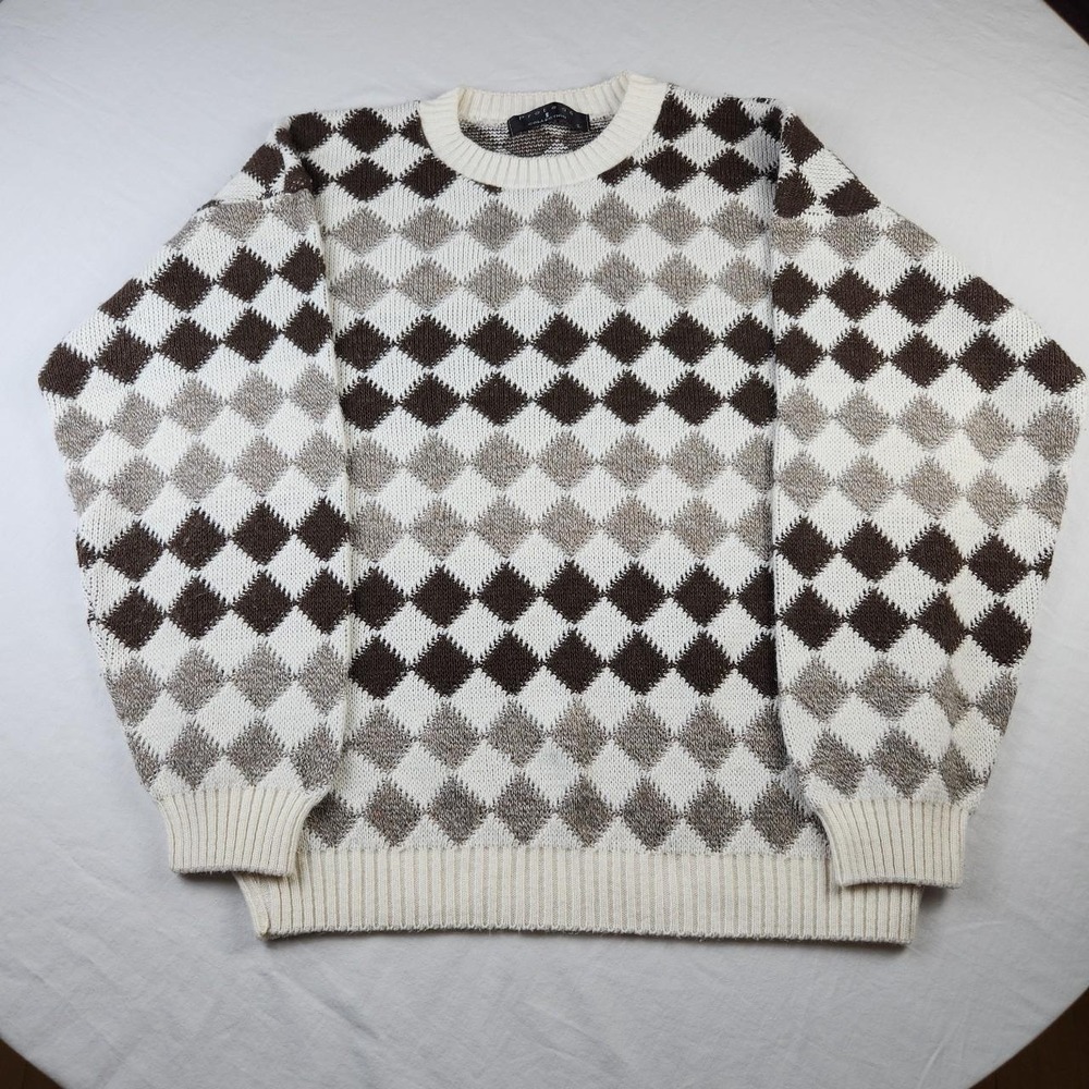 Protege Collection Vintage 90s Argyle Diamond Knit Sweater Mens Large Brown